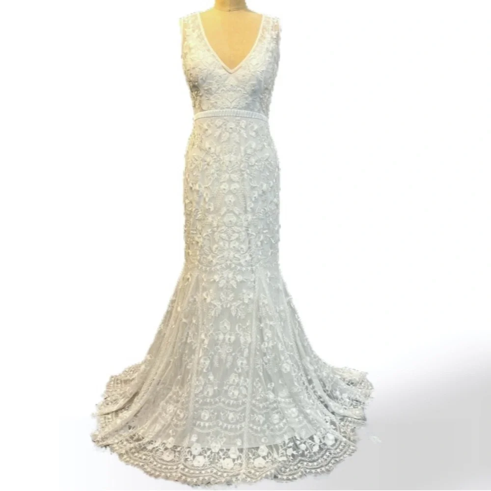 Lace open back train wedding dress bridal‎ gown sleeveless beaded embroidered - Picture 3 of 17